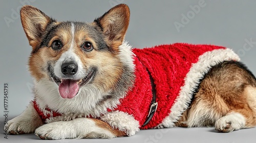 Cute corgi dog in Santa Claus costume isolated on red background with copy space. High-quality photo for Christmas advertising, pet product promotion, and holiday greeting.