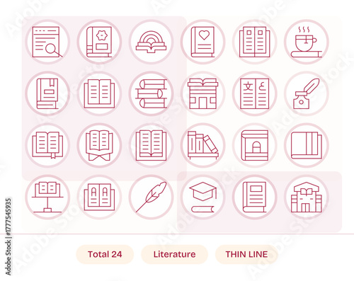 Literature Professional Vector Set with 24 Thin Line Pixel Optimized Retina Ready Icons