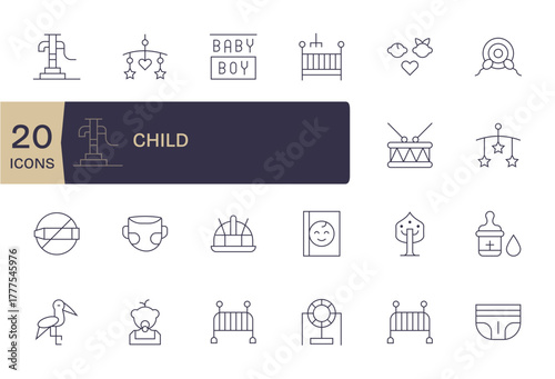 20 Grid Fitted Vector Icons themed around Child in High Resolution Thin Line format