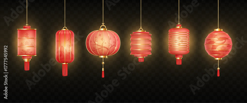 Realistic chinese lanterns. Isolated japanese glow lantern on transparent background, festive paper lamp new year birthday party celebration outdoor decoration vector illustration