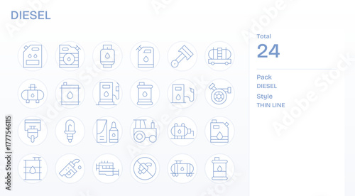 Diesel Vector Icon Set with 24 Thin Line Retina Ready Detail Enhanced Graphics