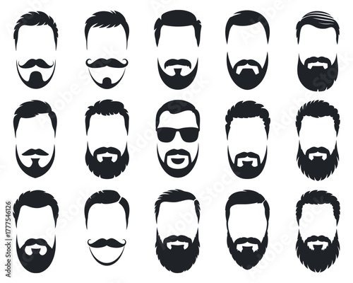Men’s Hairstyles and Beards Silhouette. Stylish Male Haircut and Beard Vector.