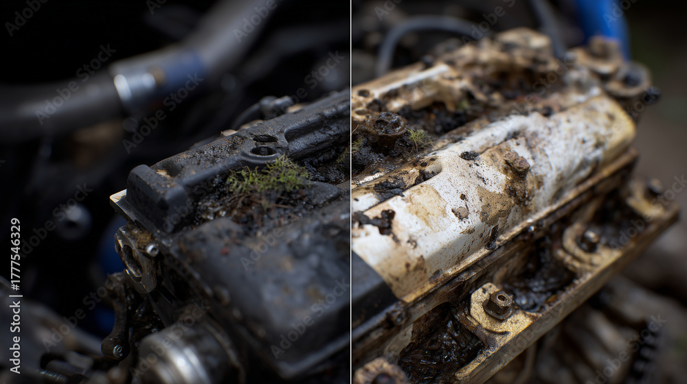Fototapeta premium Split composition showing pristine engine on left and dirty neglected engine on right, detailed textures of grease, dust, and polished metal clearly captured