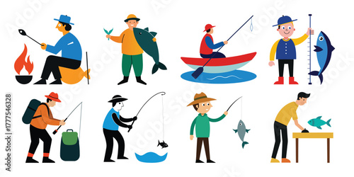 Diverse group of people enjoying various fishing activities and outdoor recreation