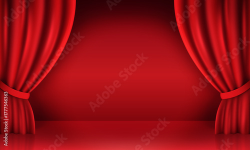 Red curtain stage. Realistic stand up stage, cinema theater scene for receiving award cabaret comedy standup show open curtains backstage 3d theatre background vector illustration