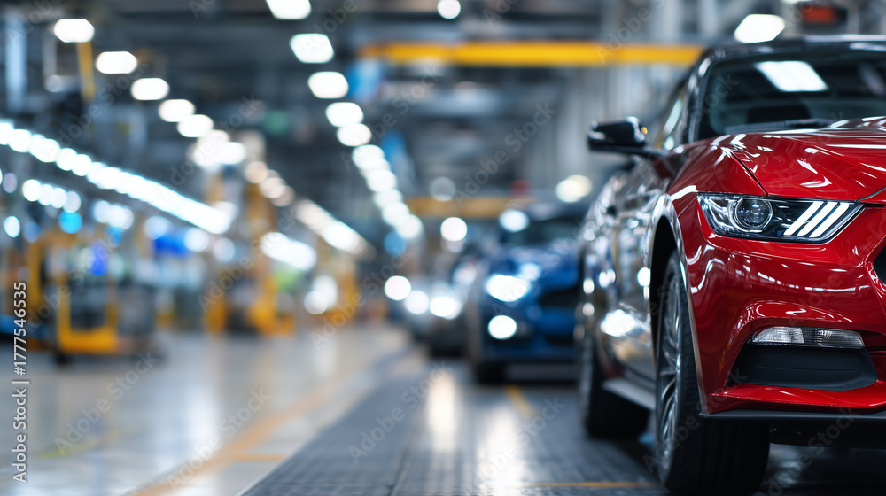 Obraz premium High-resolution image of brand-new cars aligned on a modern factory assembly line, overhead industrial lighting highlighting glossy paint and metallic surfaces