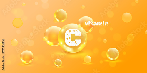 Vitamin c molecule. Realistic molecules 3d bubbles orange soda background, rich vitamins cosmetic serum fruit water medicine healthcare supplements nutrition vector illustration