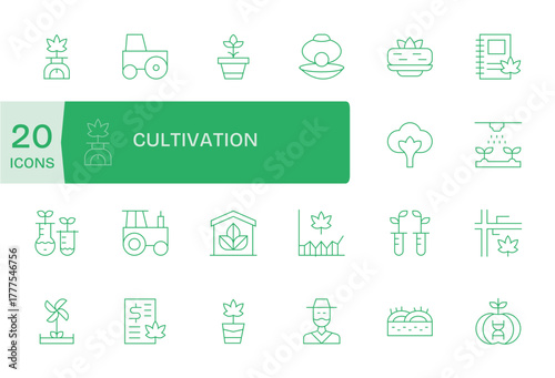 Cultivation Vector Icon Collection featuring 20 Detail Enhanced High Resolution Thin Line Designs
