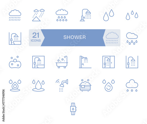 Shower Vector Icon Library with 25 Regular Line 256x256 Grid Fitted Designs