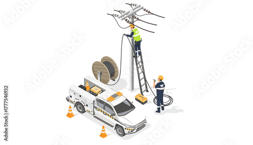 Illustration of two utility workers installing telecommunication equipment on a truck with a ladder and cable spool.