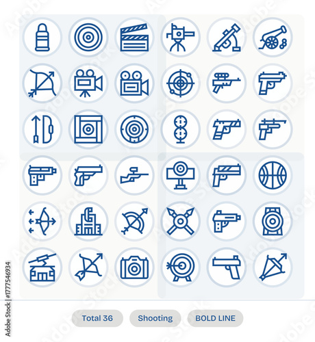 36 Vector Icons for Shooting optimized in Pixel Optimized 256x256 Bold Line resolution