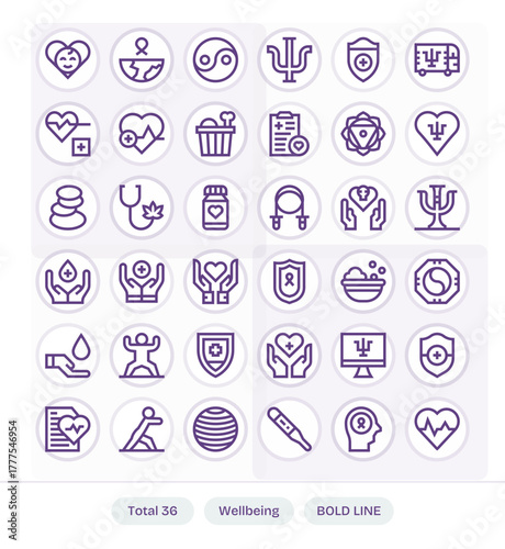 36 Vector Icons for Wellbeing featuring 64x64 PIXEL Perfect Bold Line Graphics