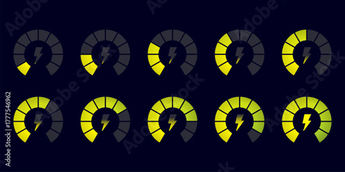 Energy meter indicator. Battery power bar, car speed indicator percentage counter charge progress ui animation fuel load level score high low rate chart, kicky vector illustration