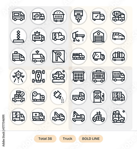 36 Bold Line Vector Icons designed for Truck in 128x128 Grid Fitted format