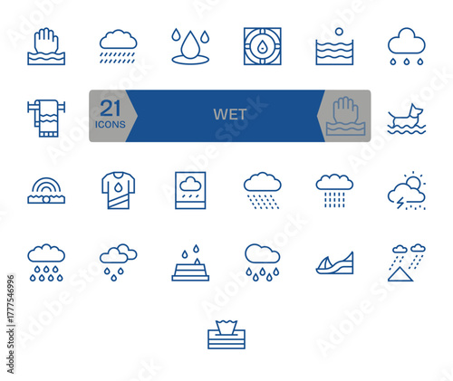 25 Editable Vector Icons themed around Wet in Retina Ready Regular Line format