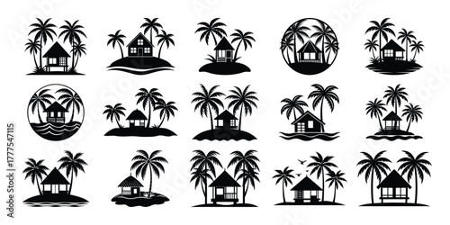 Collection of black silhouette tropical island beach bungalow hut and palm tree icons set