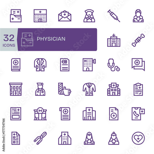 Physician Vector Icon Collection featuring 32 Grid Fitted Retina Ready Bold Line Designs