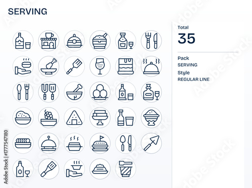 Regular Line Style Serving Vector Icons with 35 64x64 Pixel Aligned Designs