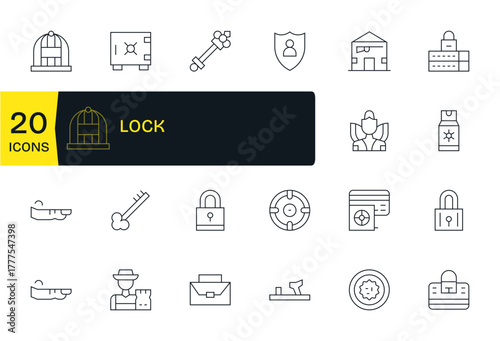 20 Grid Fitted Thin Line Vector Icons designed for Lock Interface
