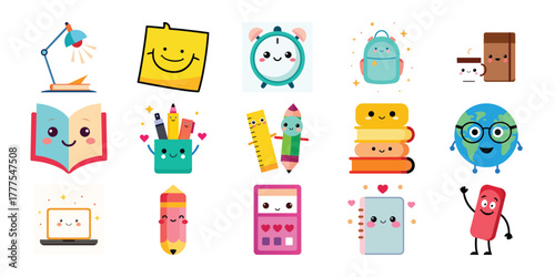 Cute kawaii school supplies characters collection with happy faces and expressive eyes