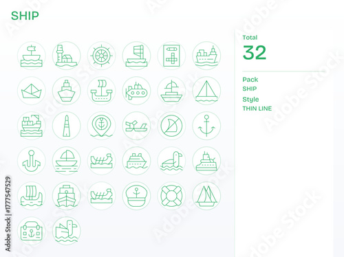 32 Pixel Aligned Thin Line Vector Icons from Ship Collection