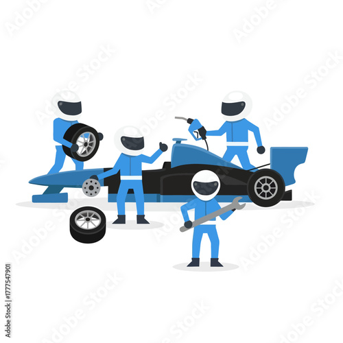 Illustration of racing team mechanics working on a blue race car with tools in a graphic style