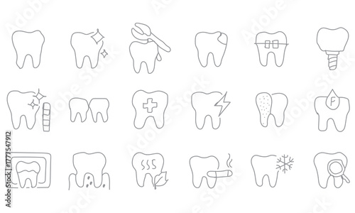 A clean and professional collection of hand-drawn dental icons representing various oral health concepts such as teeth cleaning, toothache, braces, dental care, implants, and hygiene.