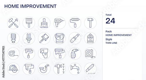 Home Improvement Vector Icon Collection with 24 128x128 Thin Line Designs