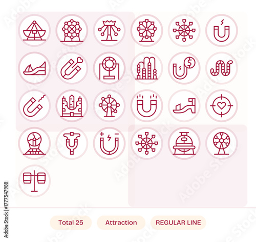 Attraction Design Vector Icons featuring 25 Pixel Aligned Regular Line Style