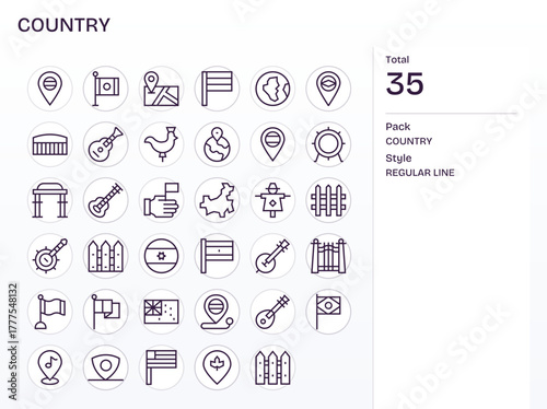 Country Digital Vector Pack containing 35 Detail Enhanced Regular Line High Resolution Icons