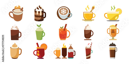 Collection of delicious hot and cold coffee and tea drinks with whipped cream and garnishes