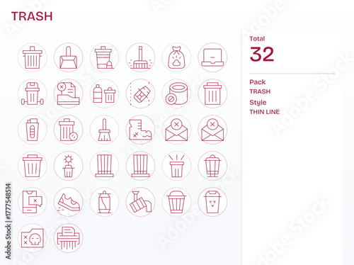 32 Trash Display Perfect Vector Icons in 64x64 Thin Line Aesthetic