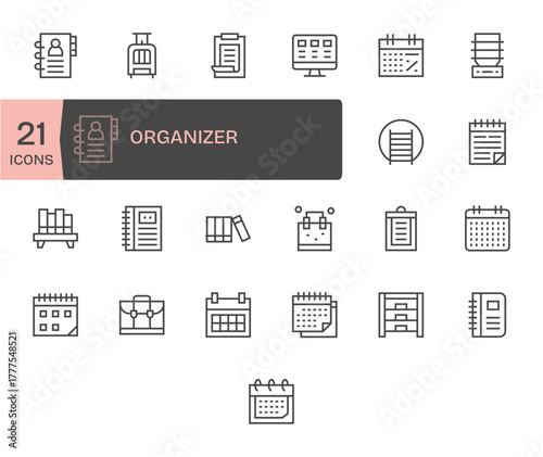25 Pixel Optimized Retina Ready Vector Icons for Organizer in elegant Regular Line design