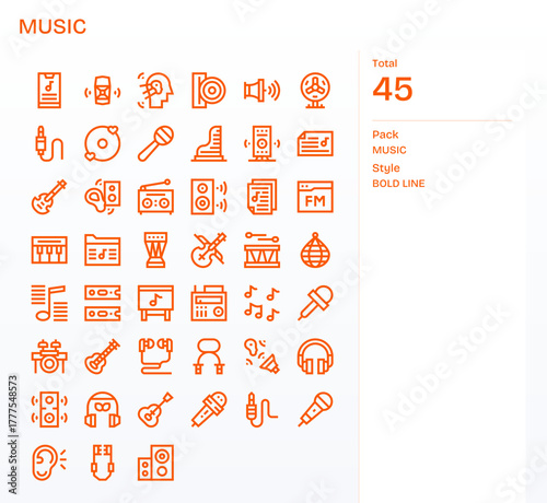 Music Vector Graphics featuring 45 Bold Line Grid Fitted Retina Ready Designs