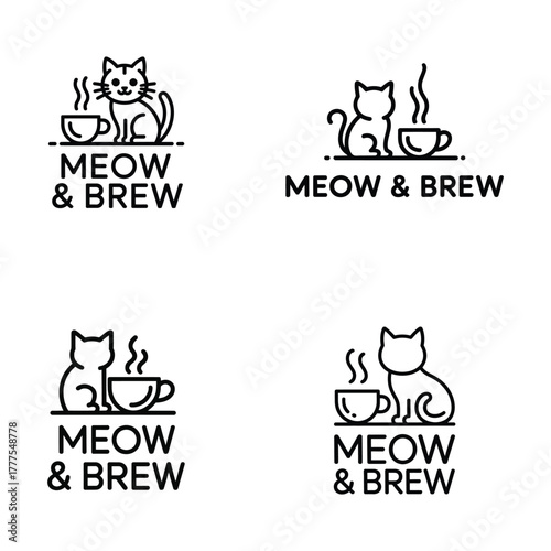 Four minimalist line art logo designs featuring a cute cat sitting next to a steaming coffee cup with the text meow and brew below each illustration