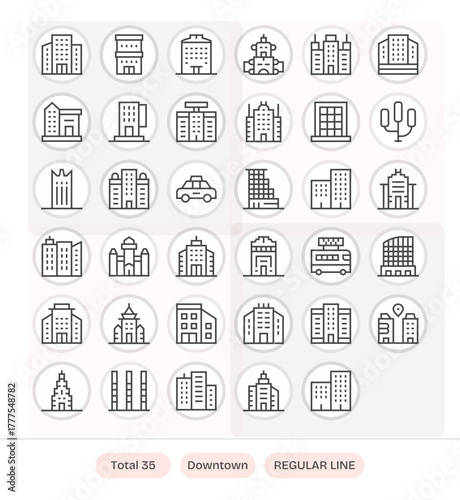 35 Regular Line Detail Enhanced Vector Icons tailored for Downtown Retina Ready interface