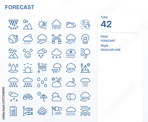 42 Retina Ready Regular Line Vector Icons for Forecast with Pixel Optimized precision