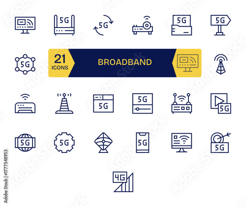 Broadband Essential Vector Set including 25 Grid Fitted Regular Line 128x128 Icons