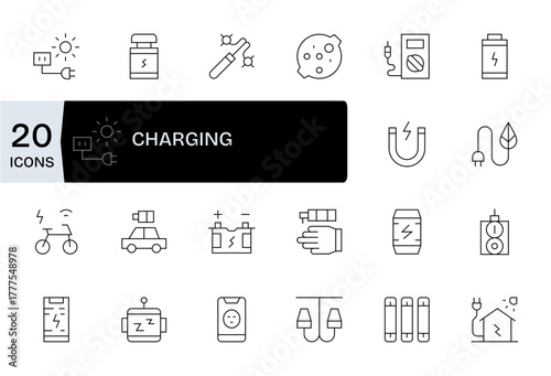 20 Thin Line Vector Icons from Charging in 64x64 Detail Enhanced Quality