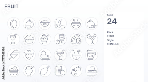 24 Pixel Aligned Thin Line Vector Icons designed for Fruit Interface