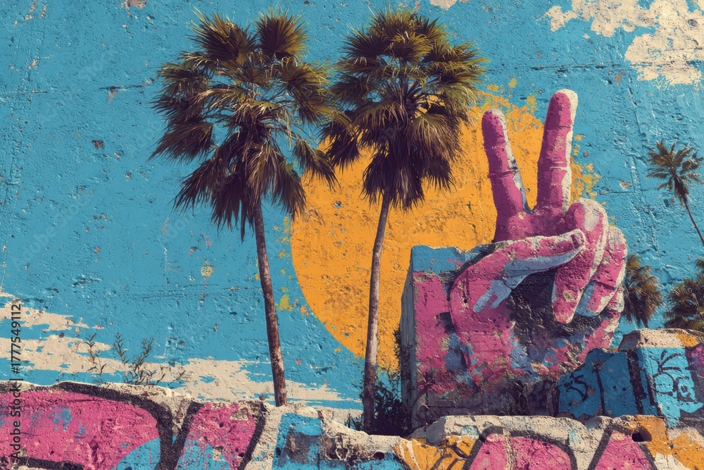 Fototapeta premium Peaceful tropical coastline with pink and green palm trees and a stylized white peace sign against a bright blue sky