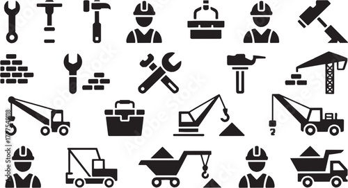 Construction equipment tools icons. Engineering, industry, repair, mechanic, work gear, hammer, wrench, toolbox, development, building design