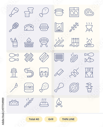 40 Thin Line Vector Icons for Grill in crisp 256x256 Pixel Optimized resolution