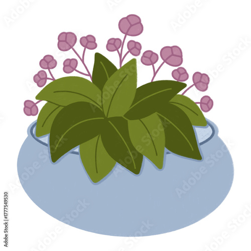 Blue houseplant, green leaves and pink flowers digital sticker, sign on transparent background.