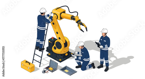 Illustration of three workers in blue suits repairing a large yellow robotic arm with a ladder and tools on a white background.