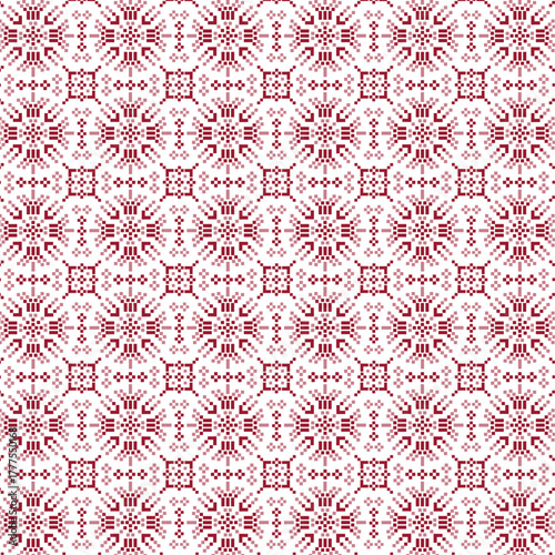 インドネシアの伝統的な模様「MATAHARI（太陽）」　　織物（イカット）のような　シームレス　壁紙　ベクター　布　紙　Batik　工芸　古典　装飾　赤　nitik