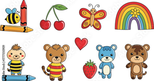 kids toys vector icon set Teddy bear, cubes, jigsaw puzzle, car, spinning top, house.