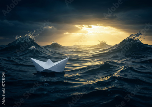 White paper boat floats on dark ocean waves under a dramatic cloudy sky at sunset Generative AI