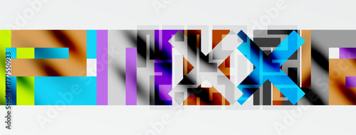 Abstract geometric shapes, vibrant colors, horizontal composition. Minimalist design, modern aesthetic, clean lines present.