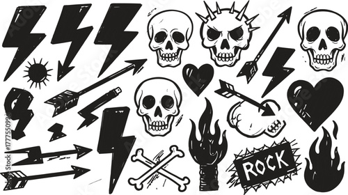 style icons of traditional tattoo flash: rose and banner, dagger and dice, panther with claws, skull + snake icon, lady head portrait, classic eagle, fire + dice combo, crown and heart.
